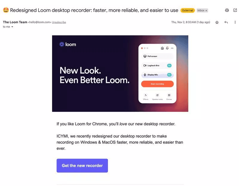 Loom’s desktop app launch email