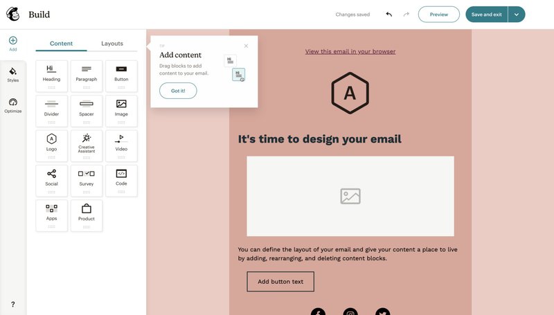 Mailchimp email builder showing drag-and-drop editor