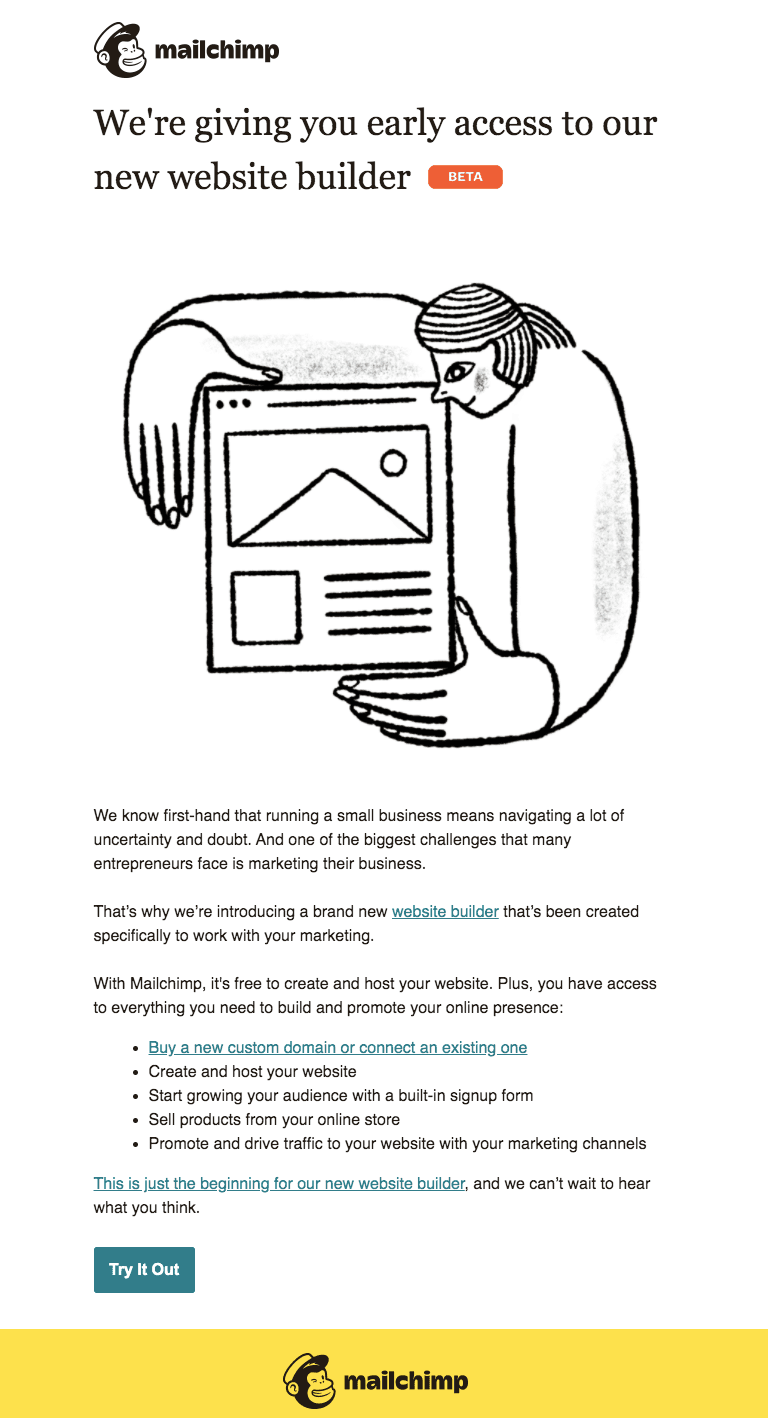 Mailchimp beta website builder launch email
