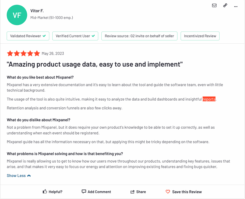 Mixpanel positive G2 review