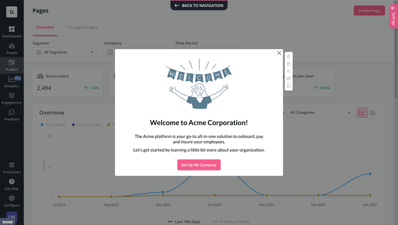 A modal used as a welcome screen initiating the product tour