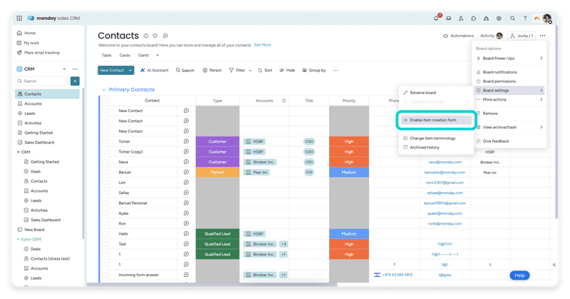 Monday.com CRM contact view