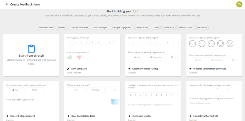 Survey templates for collecting customer feedback data in Mopinion.