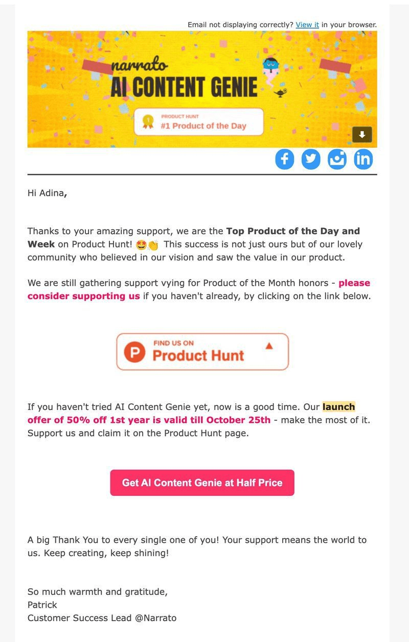 Narrato AI content genie launch email