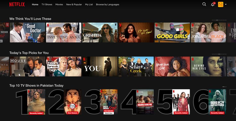 A screenshot of the homescreen of Netflix