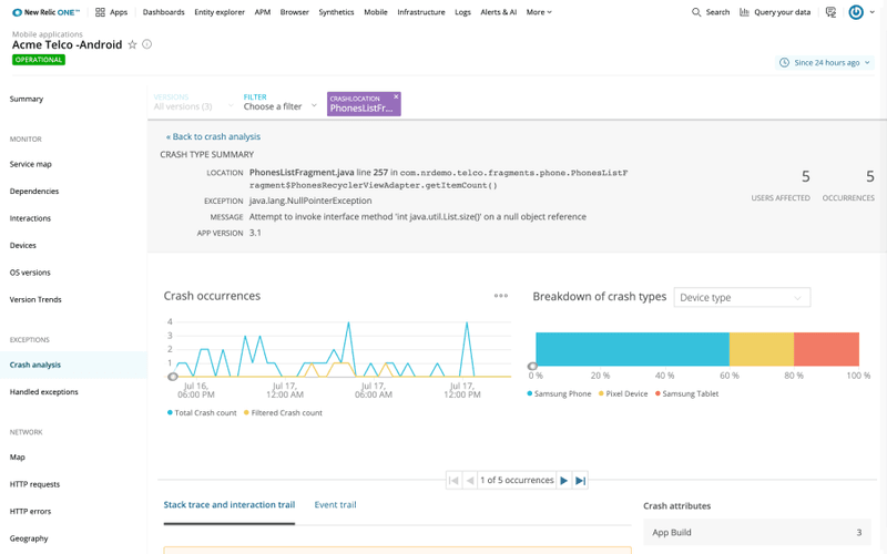 New Relic mobile performance view