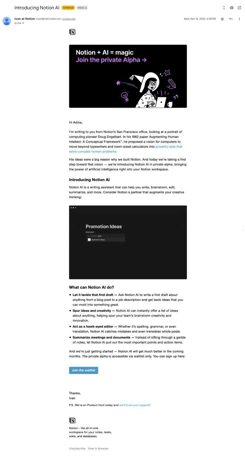 Notion AI product launch email 