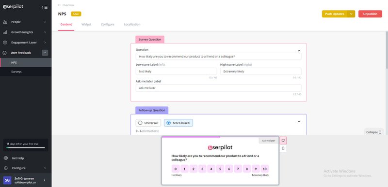NPS survey in Userpilot