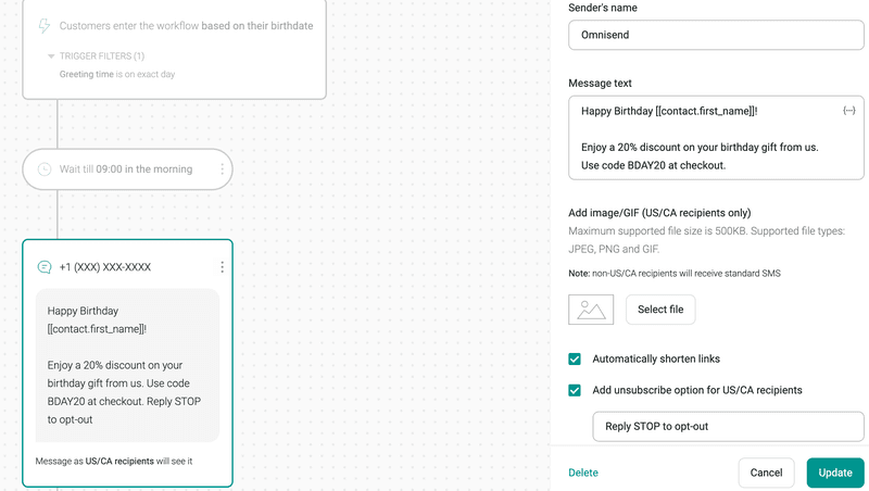 A screenshot of Omnisend SMS builder