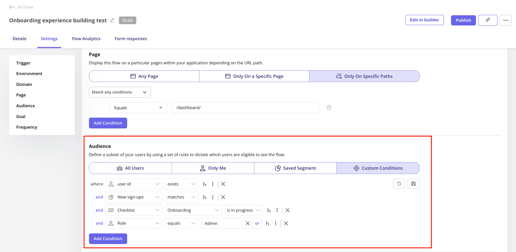 Userpilot segmentation view showing audience targeting conditions for onboarding flows.
