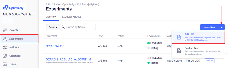 Screenshot of Optimizely UI