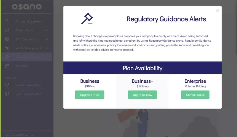 Osano upsell popup SaaS