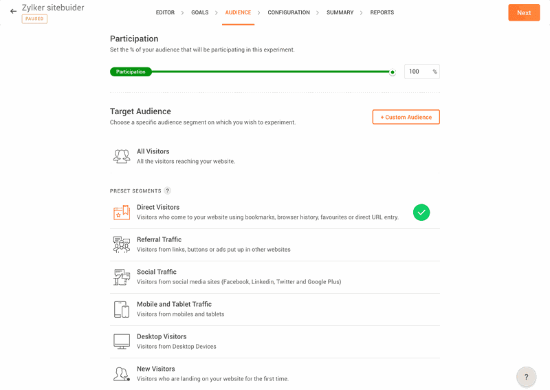 Zoho PageSense targeting dashboard