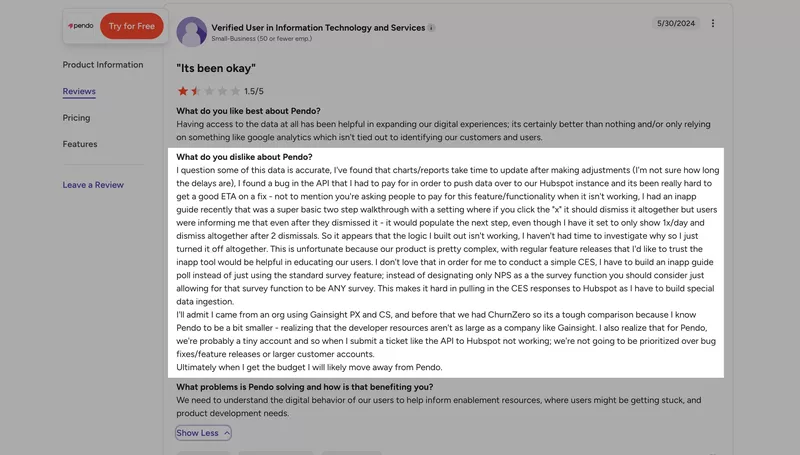 Pendo hubspot integration g2 review.
