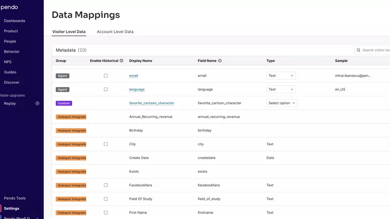Pendo hubspot integration data mappings.