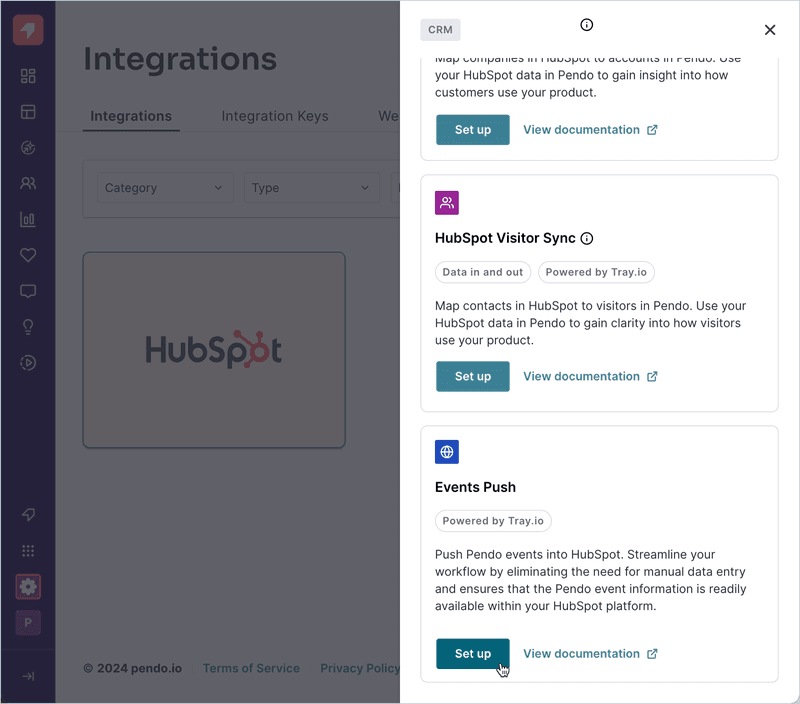 Pendo Hubspot integration events push.