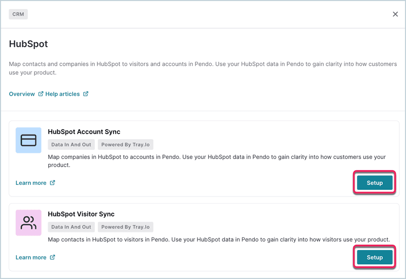 Pendo hubspot integration settings.