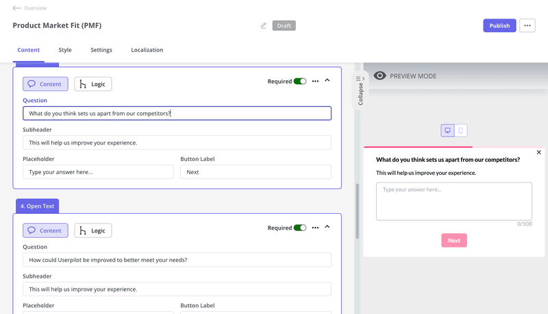 A screenshot of creating surveys in Userpilot for competitive analysis