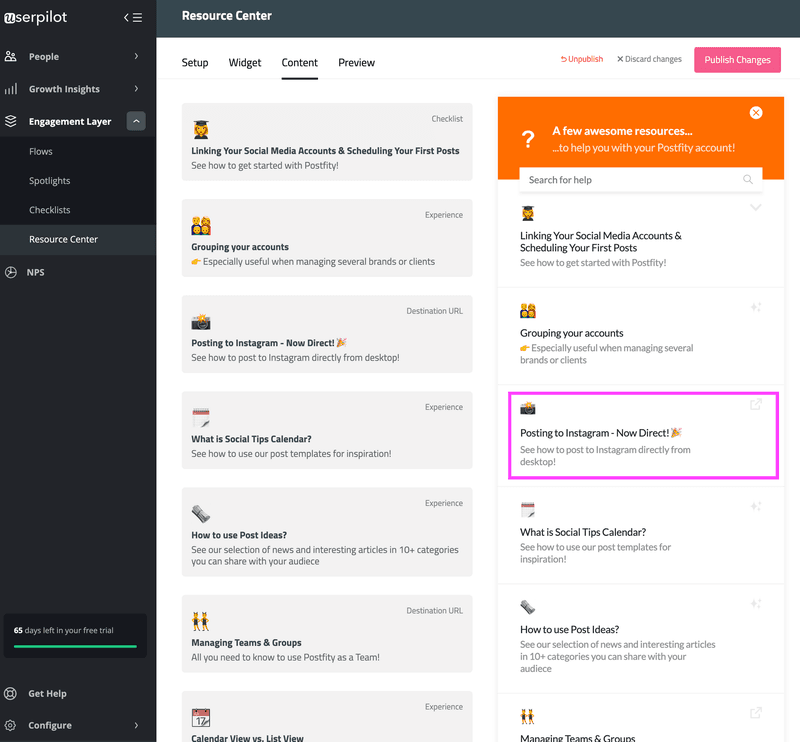 Postfity's resource center created with Userpilot