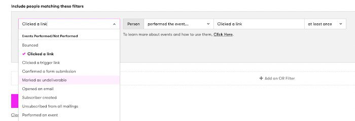 Drip filter settings for building hyper-targeted, revenue-focused email campaigns using user actions and engagement data.