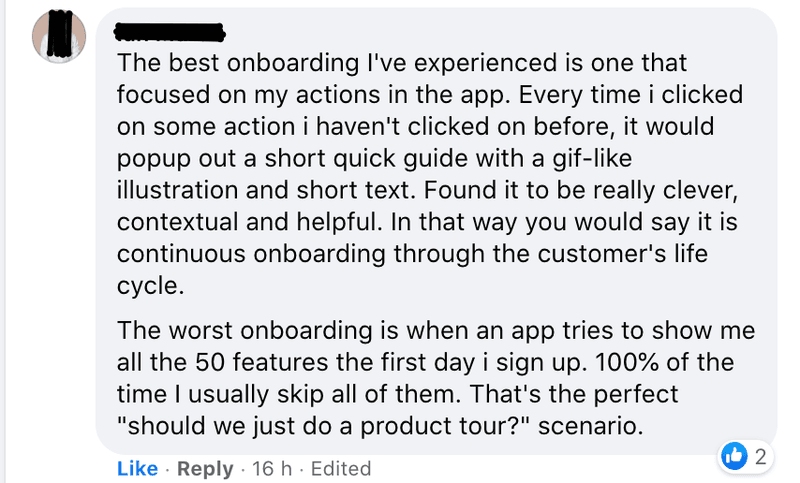 Screenshot of onboarding feedback