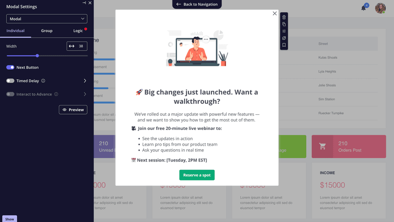Webinar modal created in Userpilot.