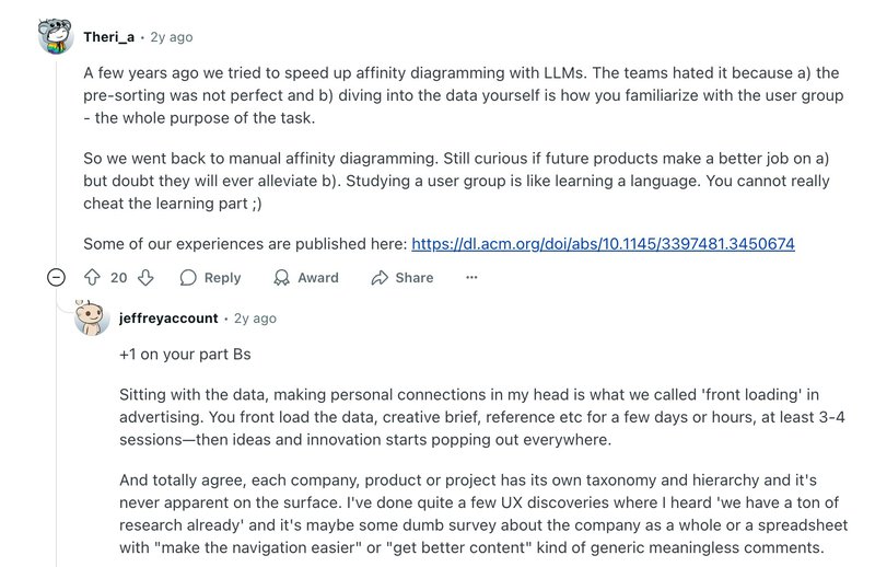 Reddit thread discussing the limits of using AI for affinity diagramming and the importance of manually engaging with qualitative data.
