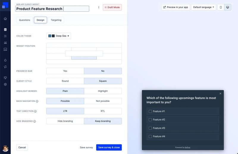 Web-app survey widget builder on Refiner