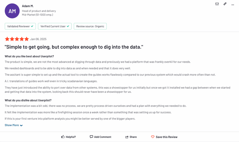 Userpilot’s G2 review 2
