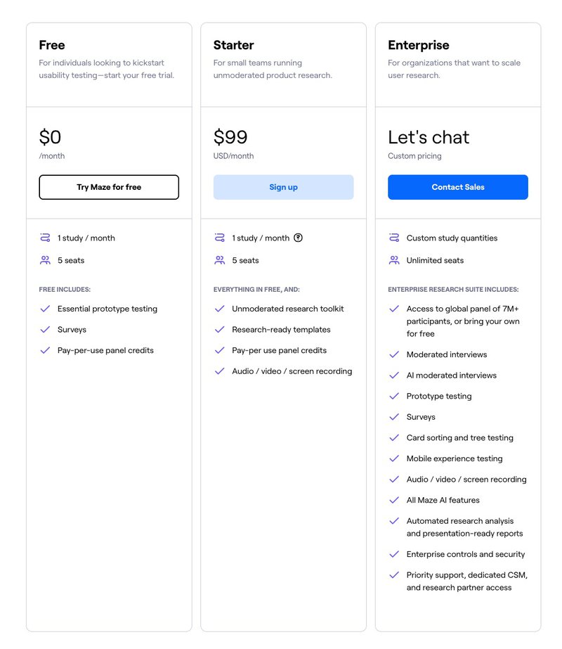 Maze pricing page