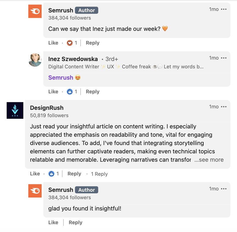 semrush linkedin comments - customer engagement example