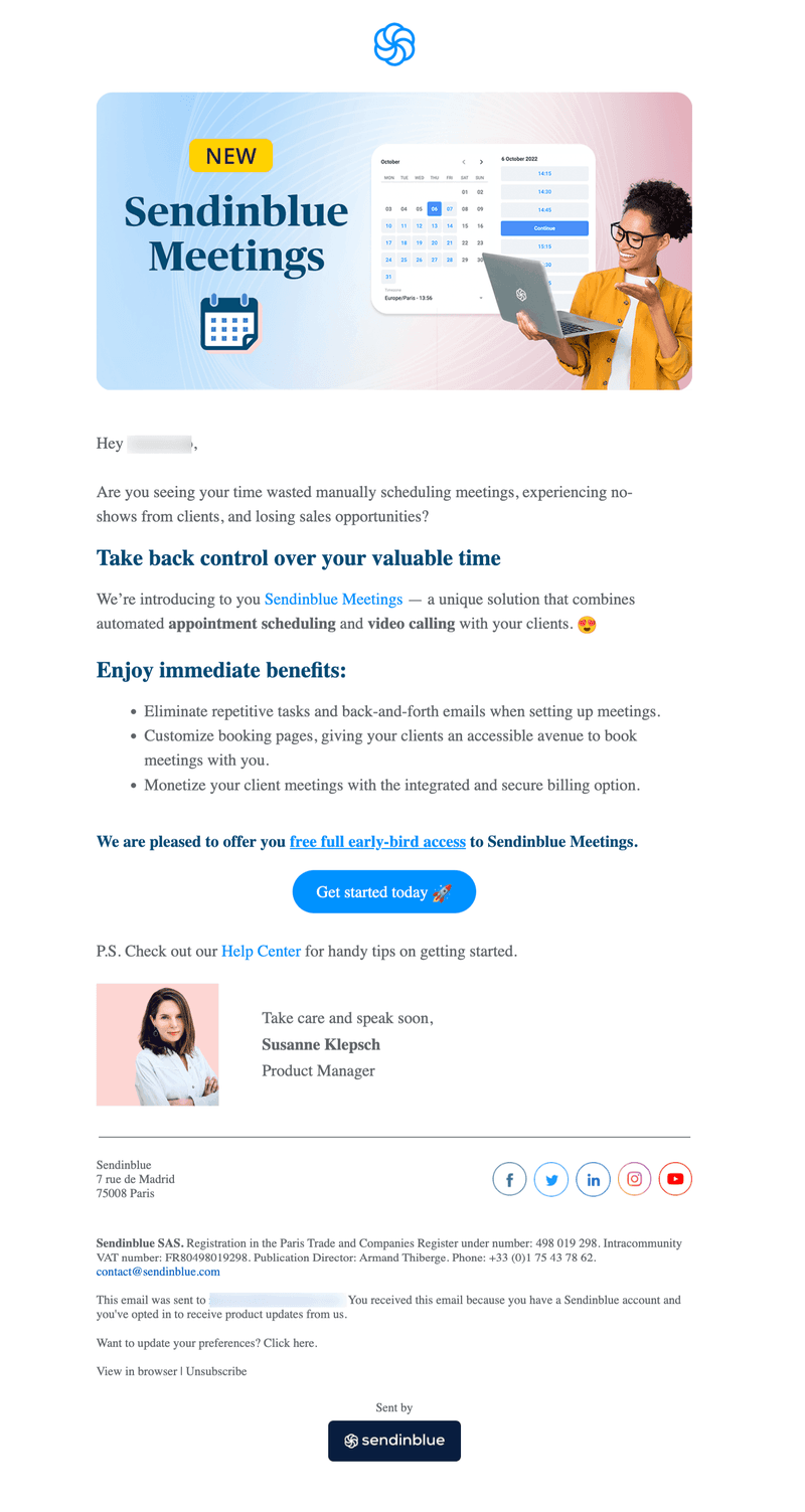 Sendinblue Meetings feature launch email example