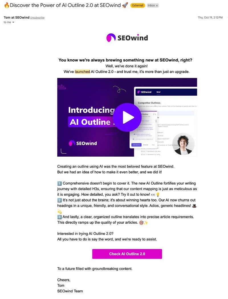 SEOWind AI outline feature launch email