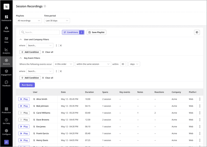 Watch session recordings with Userpilot.