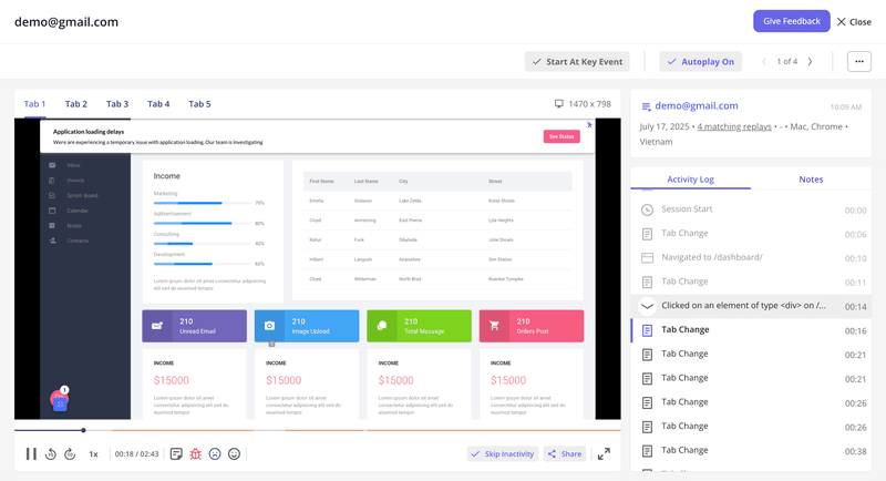 Userpilot session replay interface showing activity logs and user interaction data 