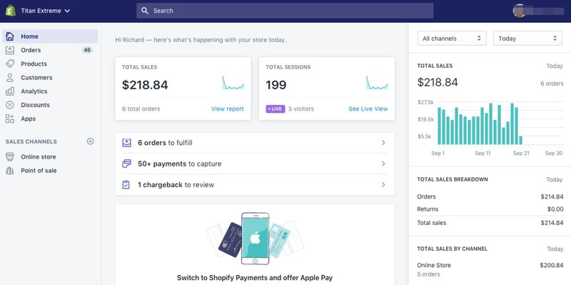 A screenshot of Shopify dashboard