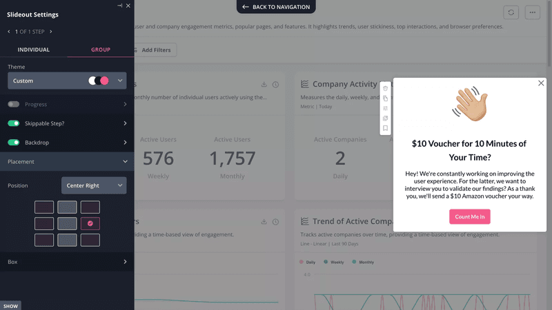 A slideout inviting users to take part in an interview built in Userpilot