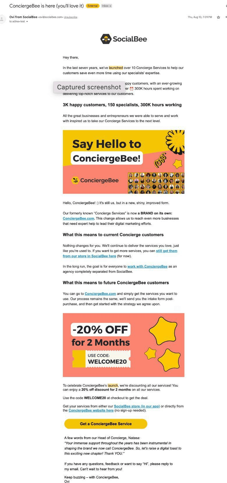 SocialBee ConciergeBee product launch email.