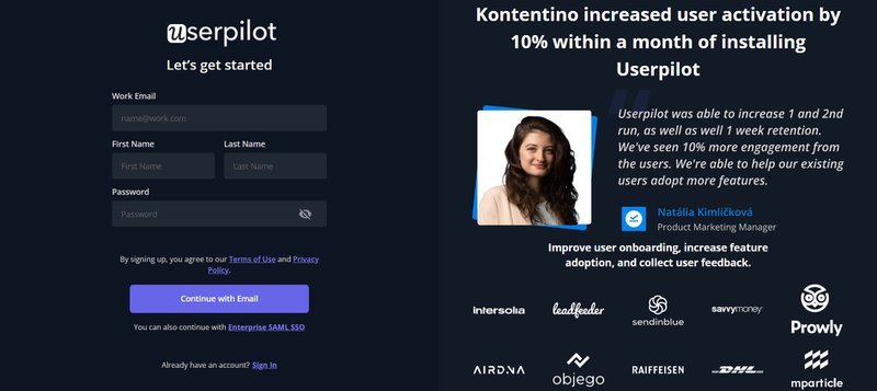 trial signup page of Userpilot, a form of software monetization