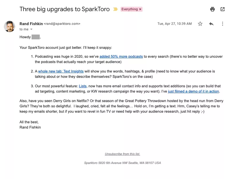 Product releases email: SparkToro