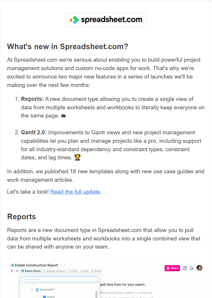 Spreadsheet.com reports and Gantt launch email.