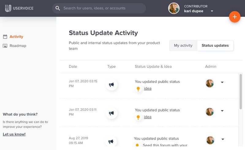 UserVoice status update activity via UserVoice.
