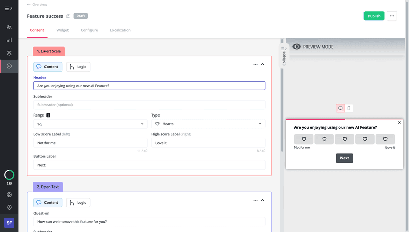 In-app survey to collect feedback on MVP