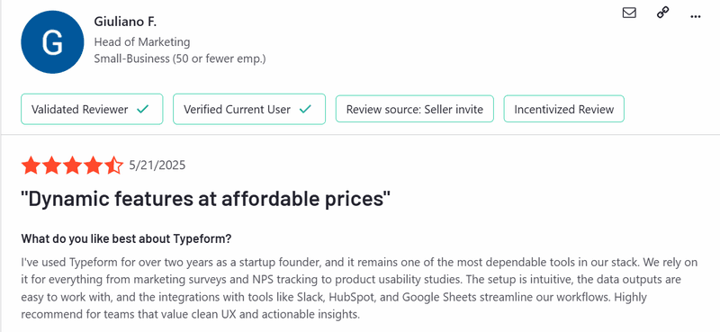 Typeform review on G2.