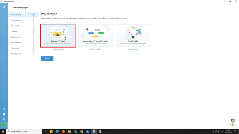 ClickLearn Studio screen showing options for content projects, process testing, and in-app help.