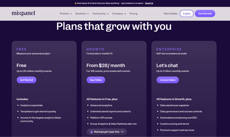 Mixpanel pricing page