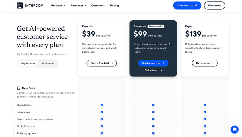 Intercom's pricing page