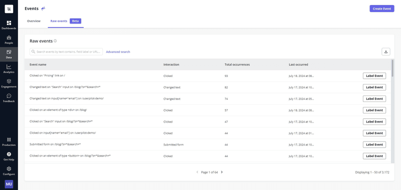 Userpilot auto-capture feature tracking user clicks and page visits