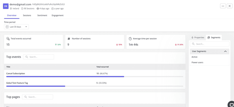 Userpilot profile view showing detailed user and company information