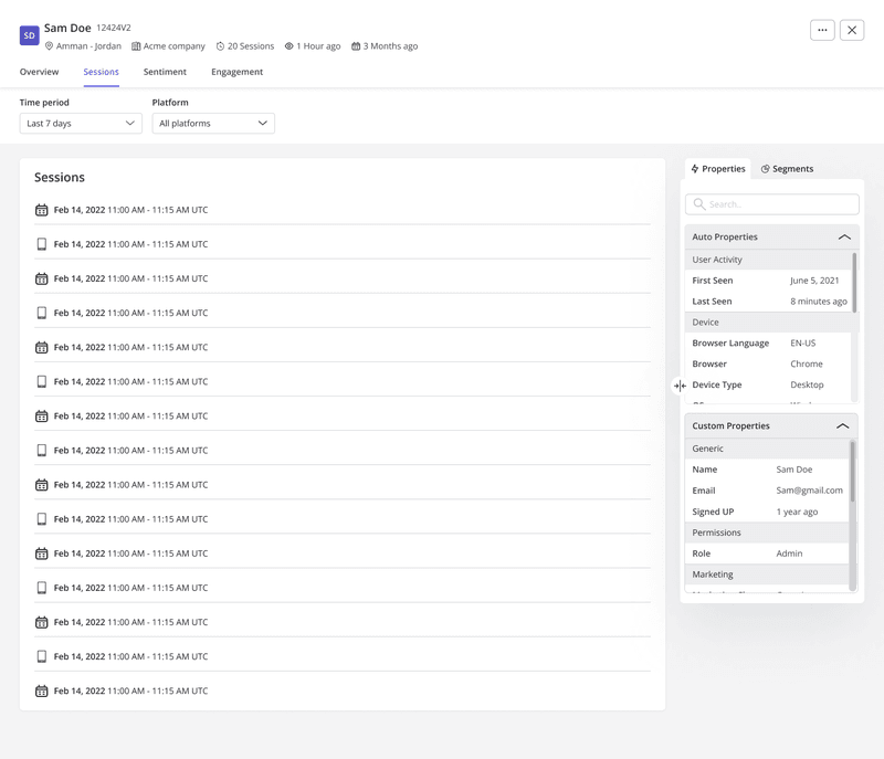 Userpilot user profile timeline showing mobile and web session data